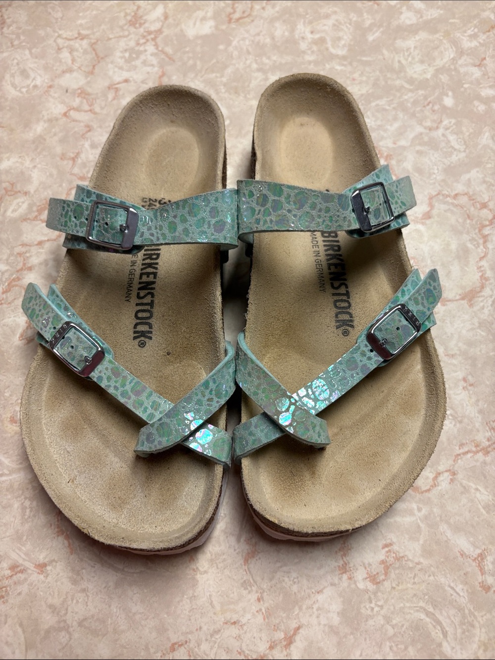 Birkenstock Women’s Iridescent Mint Green Patterned Strap Sandals